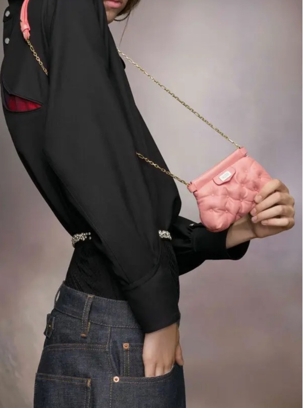 MAISON MARGIELA  mini Quilted Pink Crossbody Bag with Gold Chain